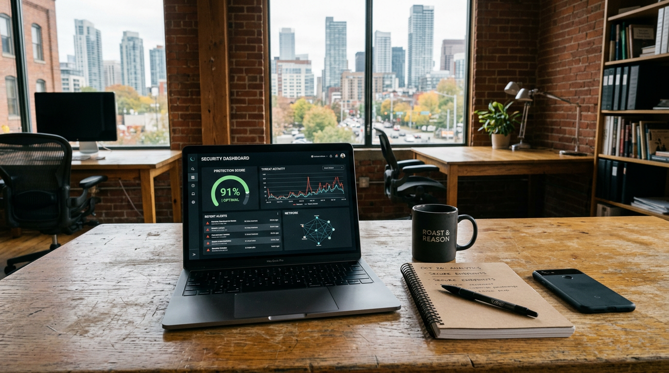 Laptop on a wooden desk showing a security dashboard, with a city view through the office windows
